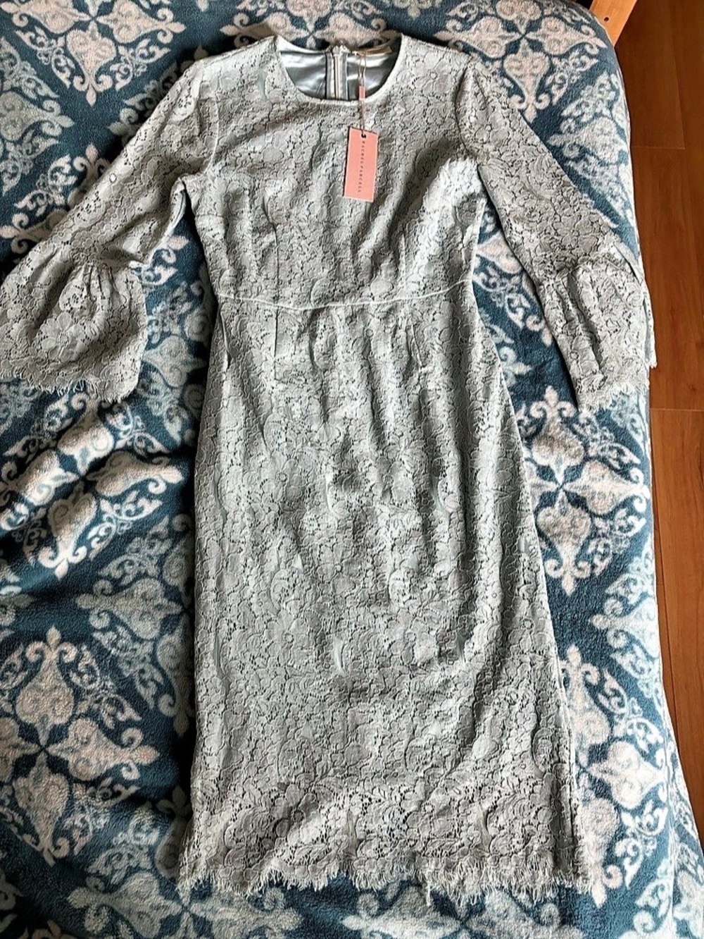 Rachel Parcell Tiered Ruffle Long Sleeve Lace Midi Dress in Gray & Blue